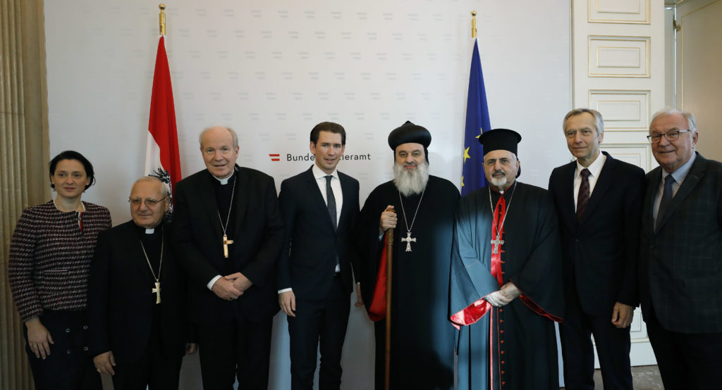 Patriarchengipfel. Bundeskanzler Sebastian Kurz trifft gemeinsam mit Kardinal Schönborn mit Ignatus Aphrem II, Patriarch der Syrisch Orthodoxen Kirche, Ignatius III YOUNAN , Patriarch der Syrisch Katholischen Kirche, Kardinal Louis Raphael Sako, Patr